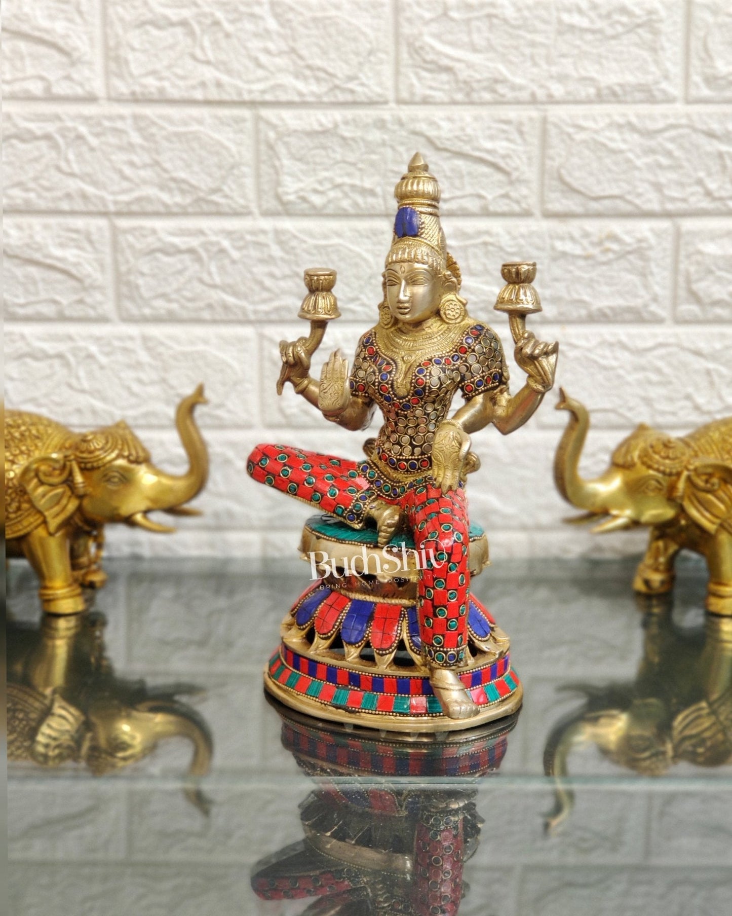 Lakshmi Brass Statue 12 inch with stonework