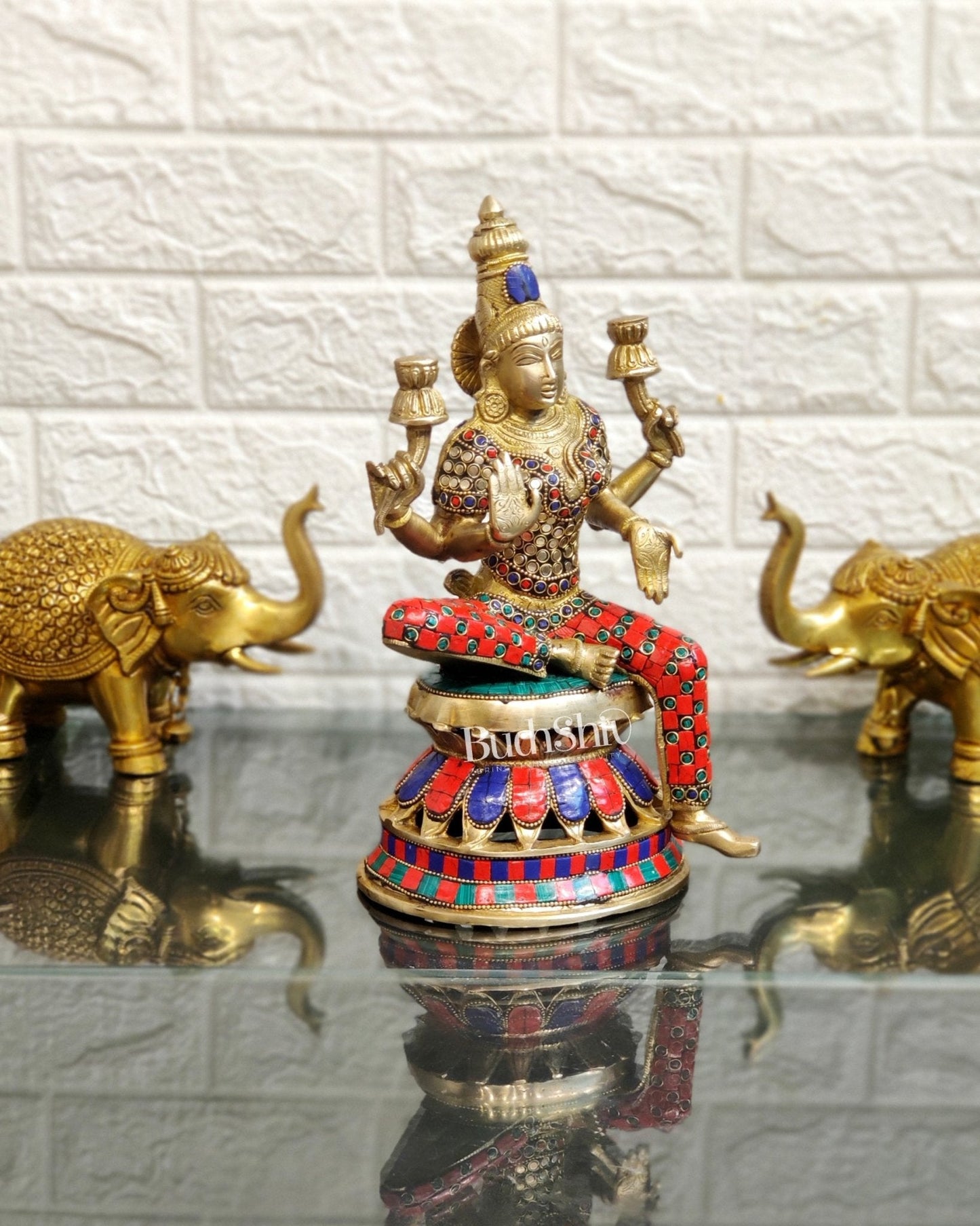 Lakshmi Brass Statue 12 inch with stonework