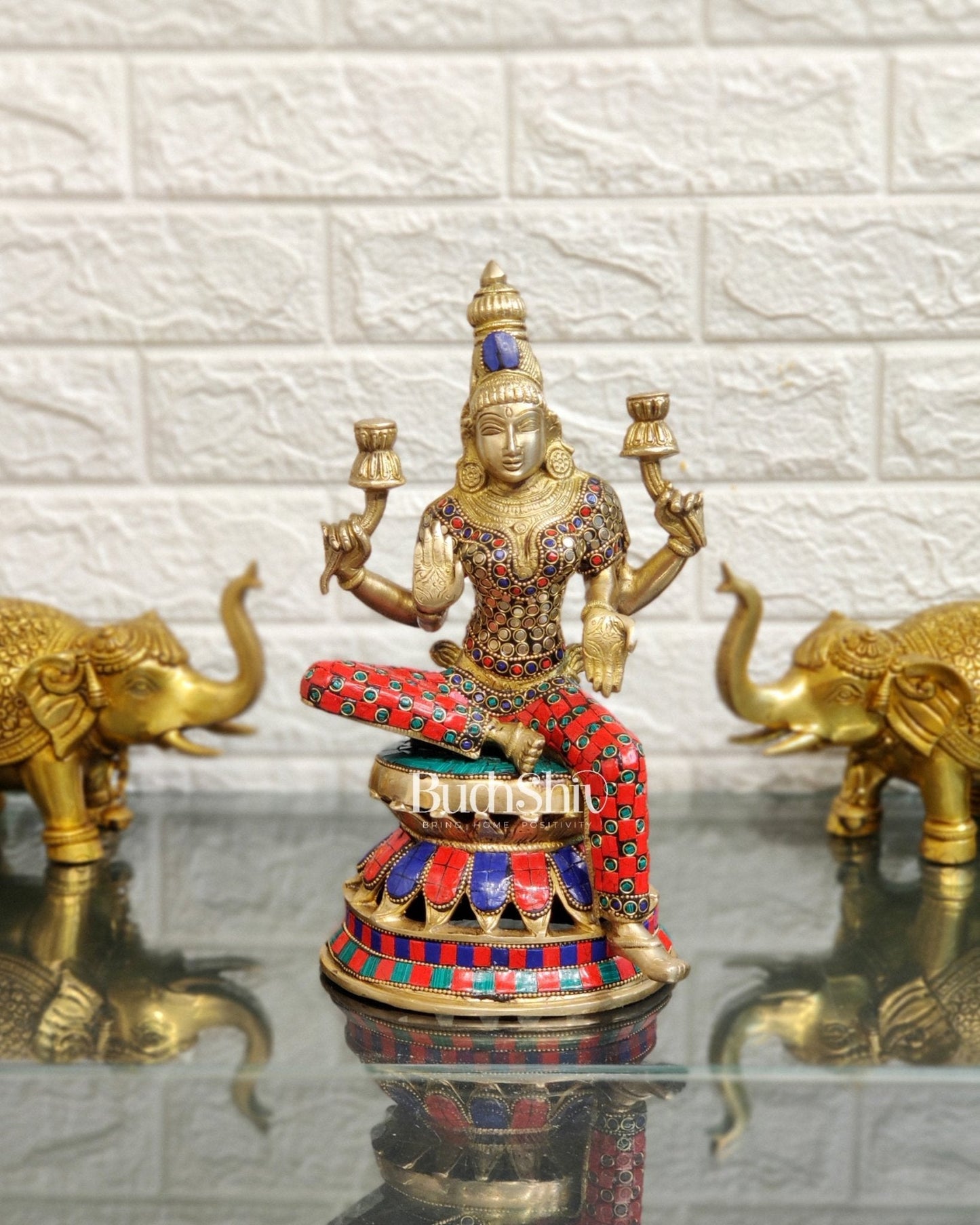 Lakshmi Brass Statue 12 inch with stonework