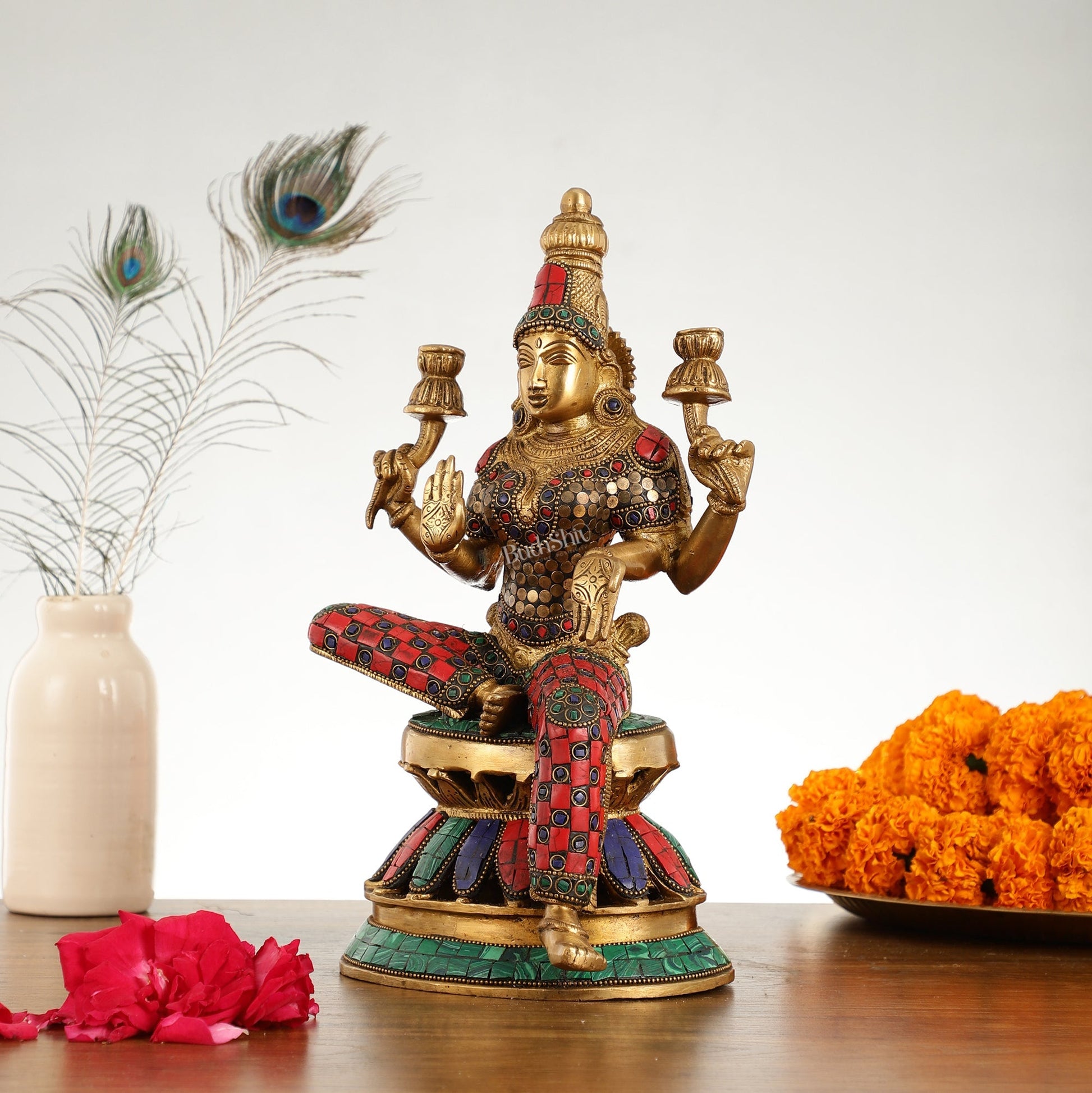 Lakshmi Brass Statue 12 inch with stonework
