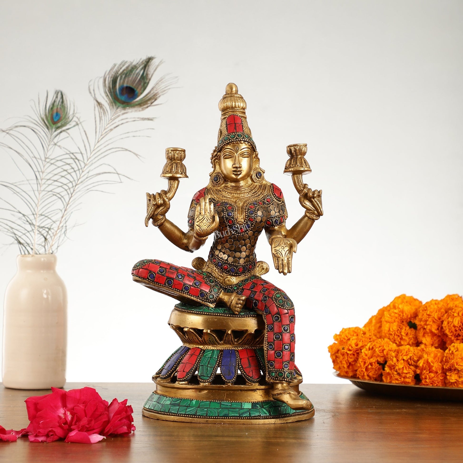 Lakshmi Brass Statue 12 inch with stonework