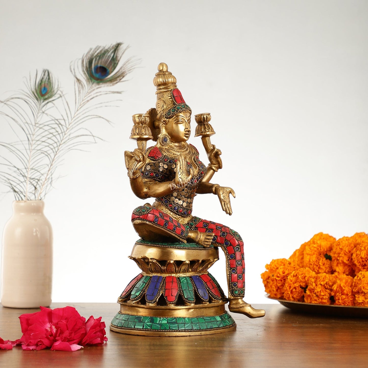 Lakshmi Brass Statue 12 inch with stonework