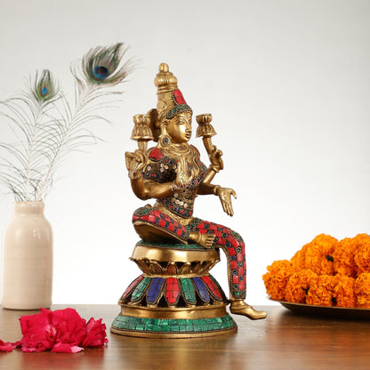 Lakshmi Brass Statue 12 inch with stonework