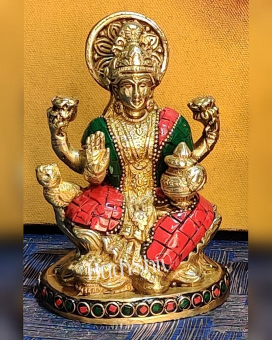 Lakshmi enchanting brass idol with stonework | suitable for office desk/study table/ temple