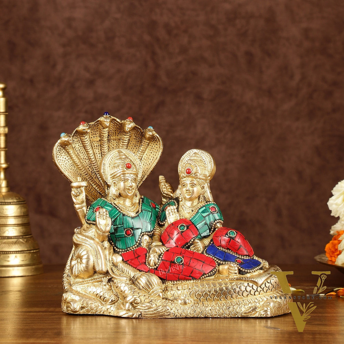 Lakshmi Narayan/ Vishnu Lakshmi brass idol resting on Sheshnaag Golden finish