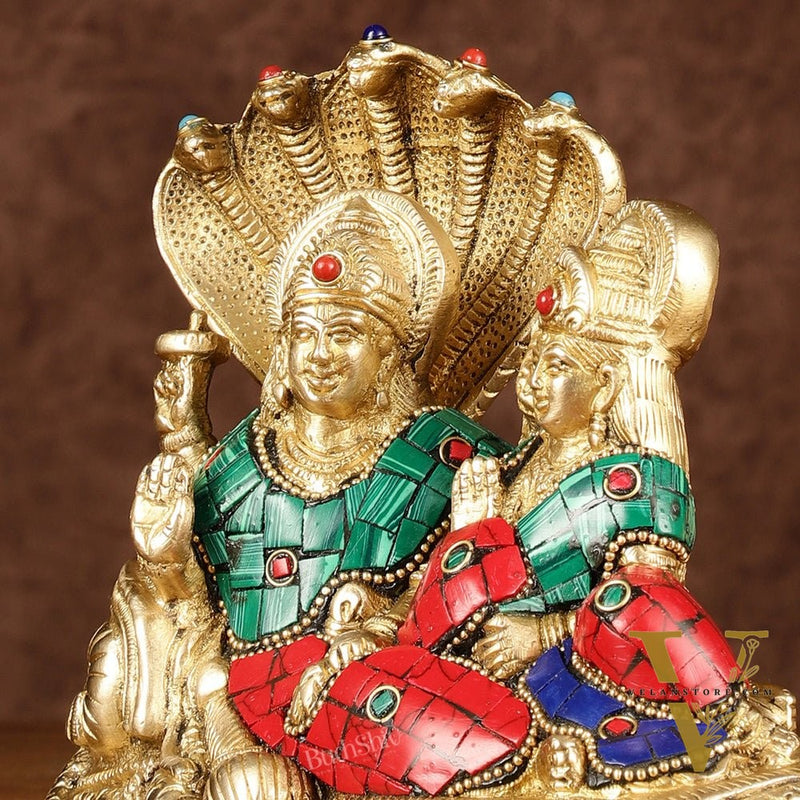 Lakshmi Narayan/ Vishnu Lakshmi brass idol resting on Sheshnaag Golden finish
