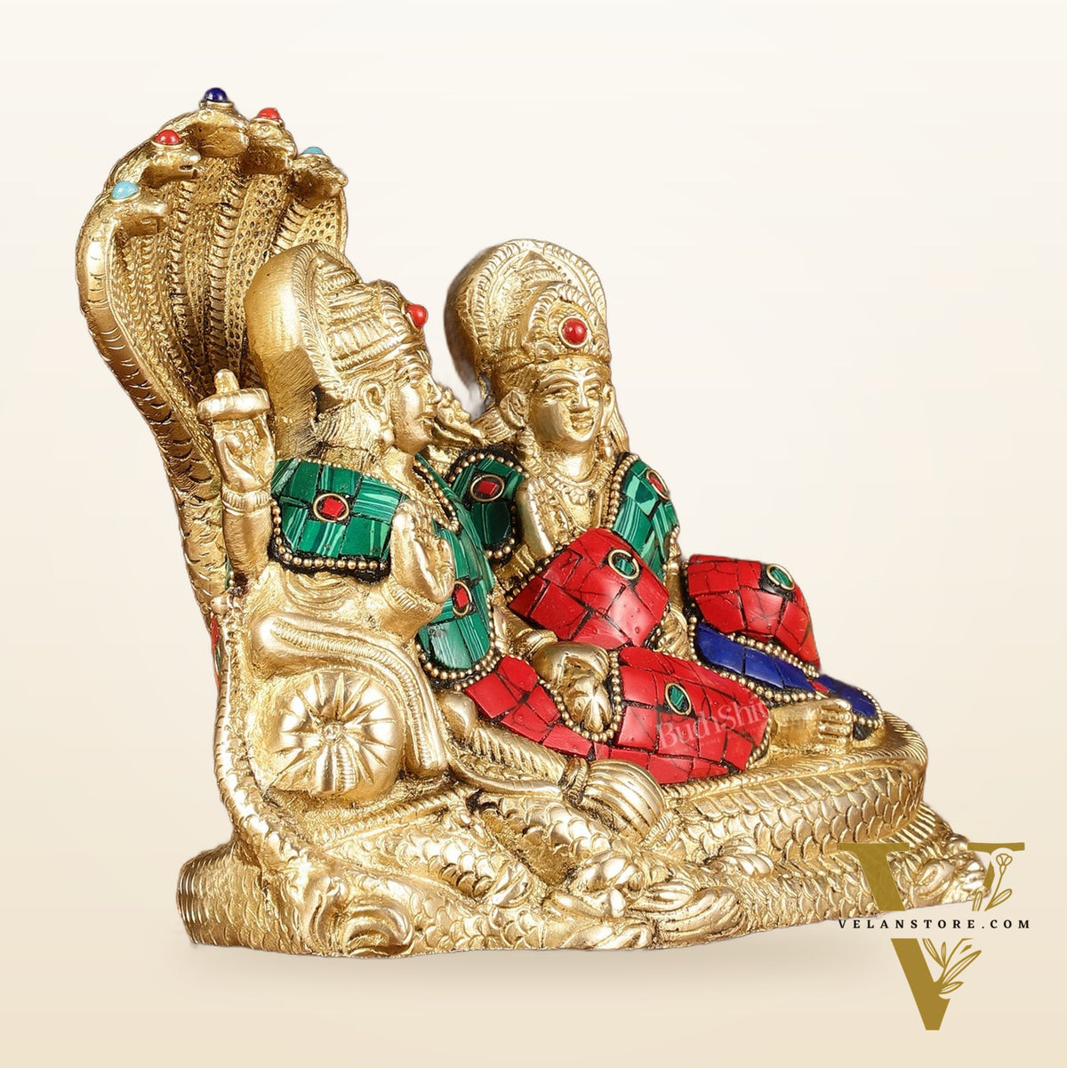 Lakshmi Narayan/ Vishnu Lakshmi brass idol resting on Sheshnaag Golden finish