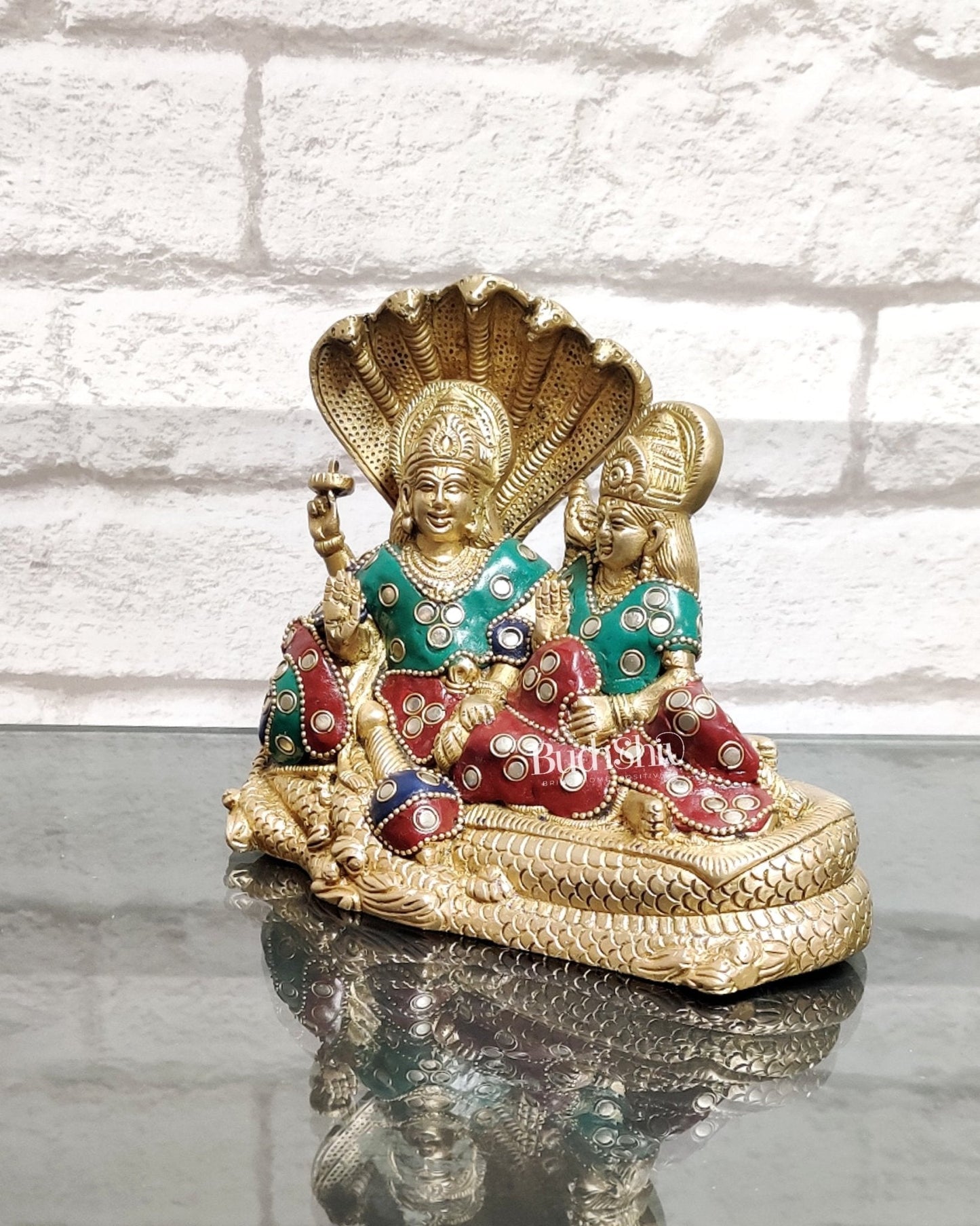 Lakshmi Narayan/ Vishnu Lakshmi brass idol resting on Sheshnaag Golden finish
