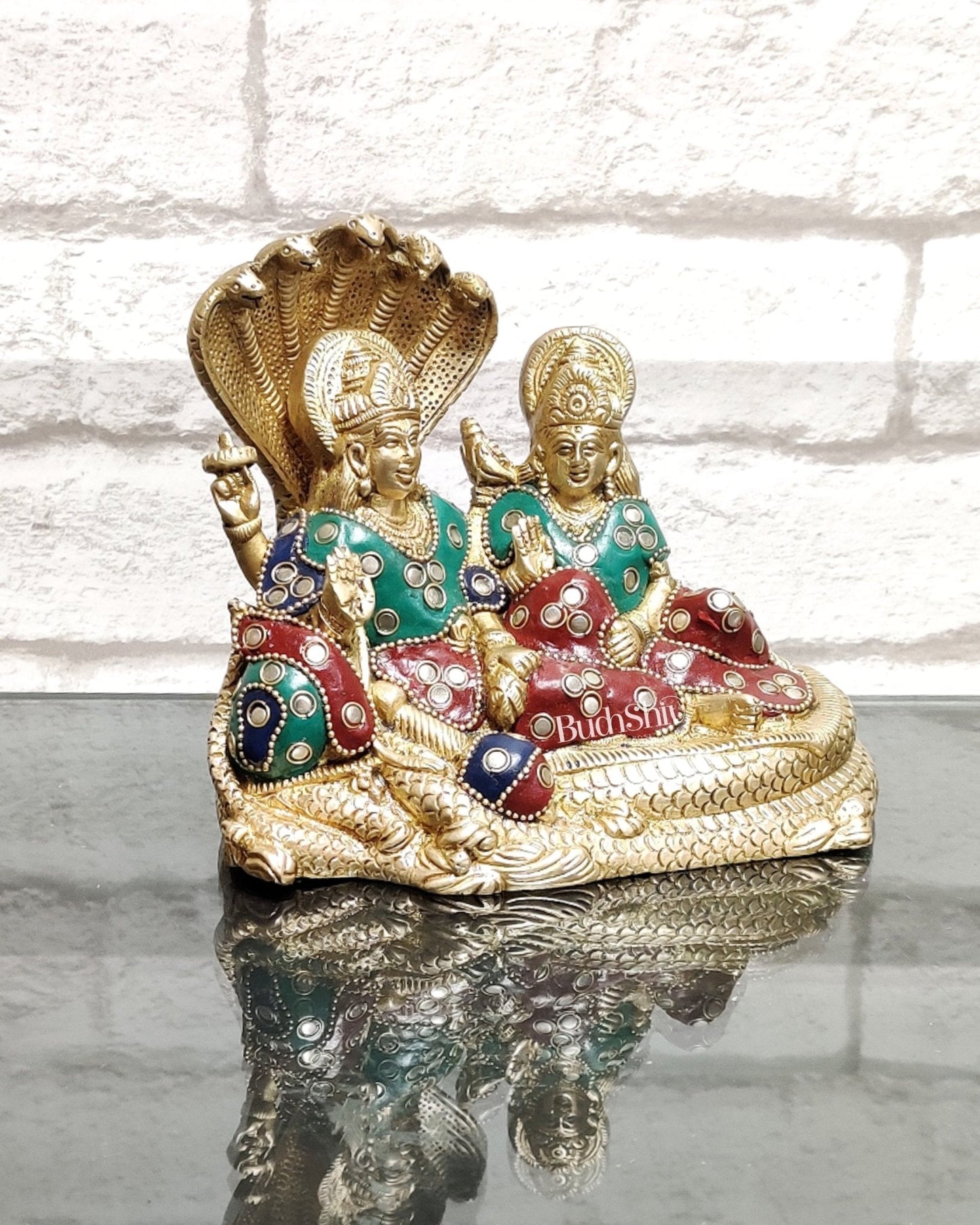 Lakshmi Narayan/ Vishnu Lakshmi brass idol resting on Sheshnaag Golden finish