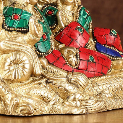 Lakshmi Narayan/ Vishnu Lakshmi brass idol resting on Sheshnaag Golden finish