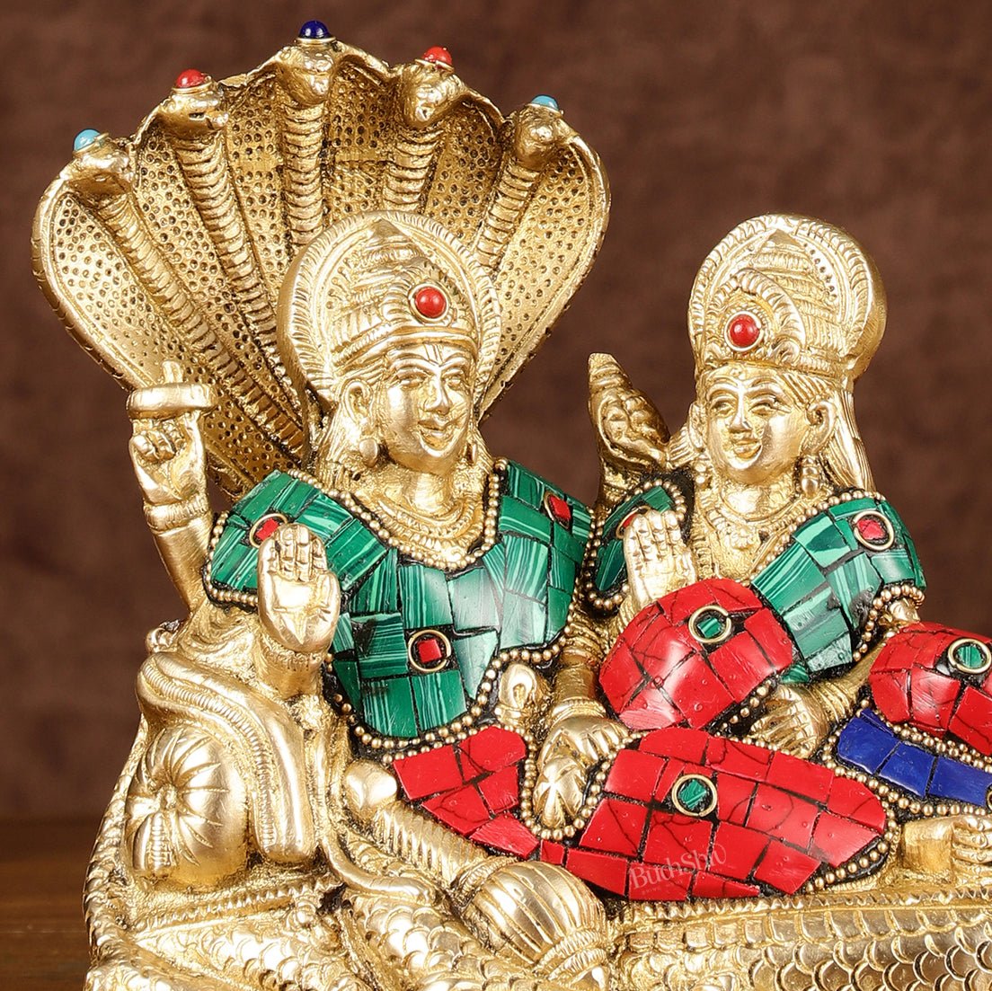 Lakshmi Narayan/ Vishnu Lakshmi brass idol resting on Sheshnaag Golden finish