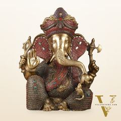 Large 18" Brass Ganesha Statue with Meenakari