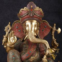 Large 18" Brass Ganesha Statue with Meenakari