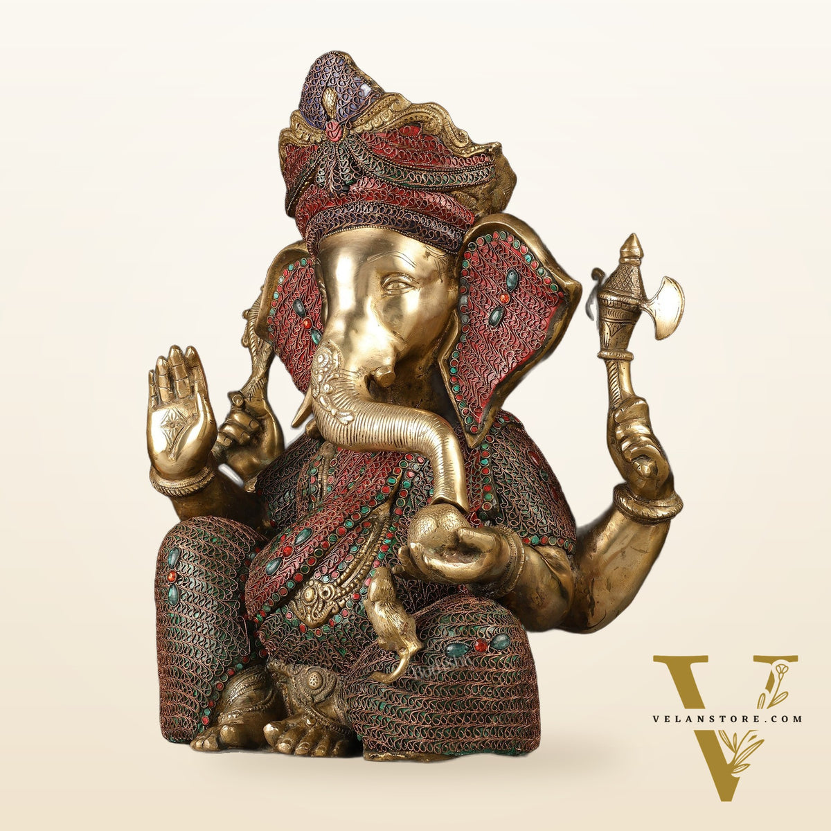 Large 18" Brass Ganesha Statue with Meenakari