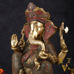 Large 18" Brass Ganesha Statue with Meenakari