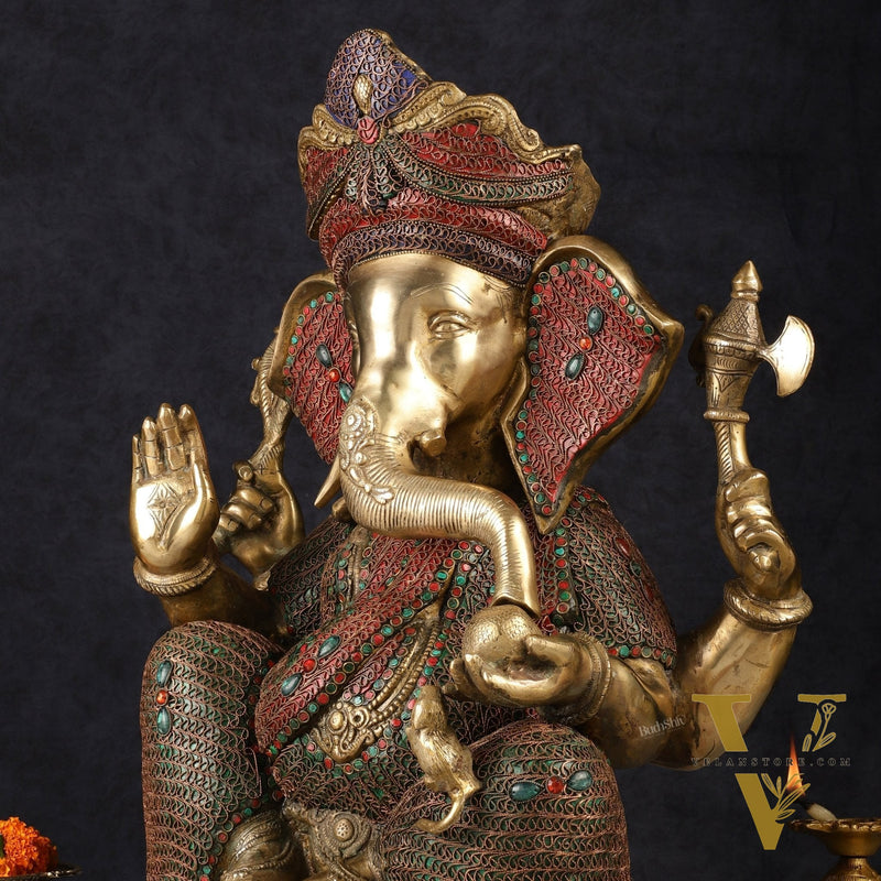 Large 18" Brass Ganesha Statue with Meenakari