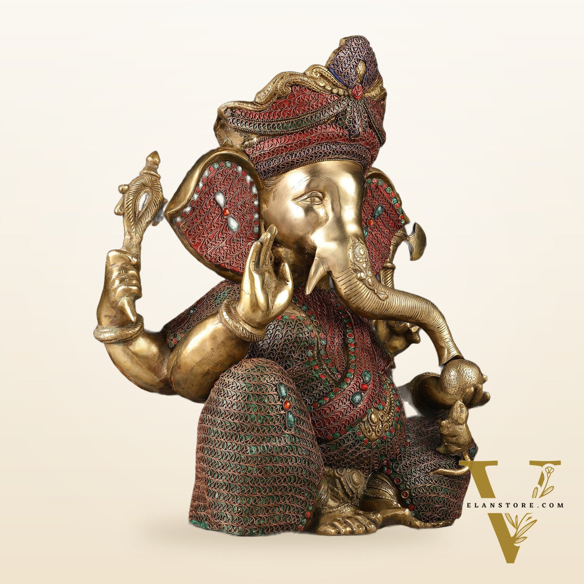 Large 18" Brass Ganesha Statue with Meenakari
