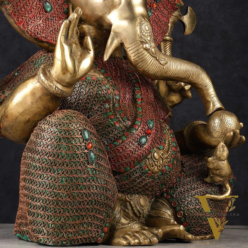 Large 18" Brass Ganesha Statue with Meenakari