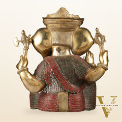 Large 18" Brass Ganesha Statue with Meenakari