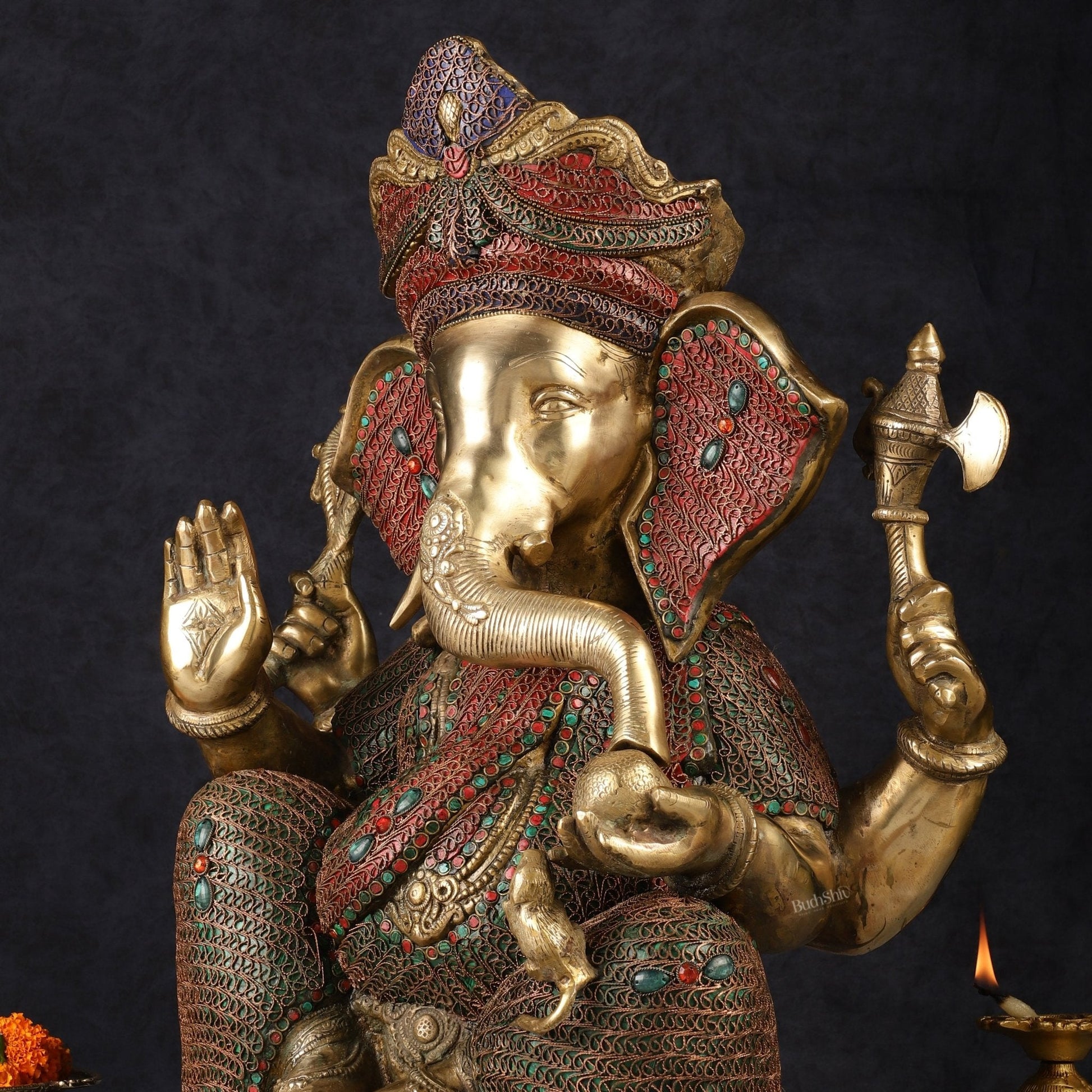 Large 18" Brass Ganesha Statue with Meenakari