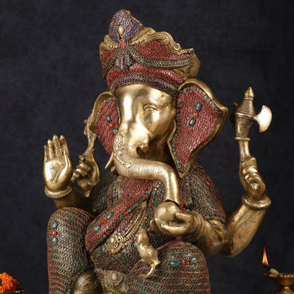Large 18" Brass Ganesha Statue with Meenakari