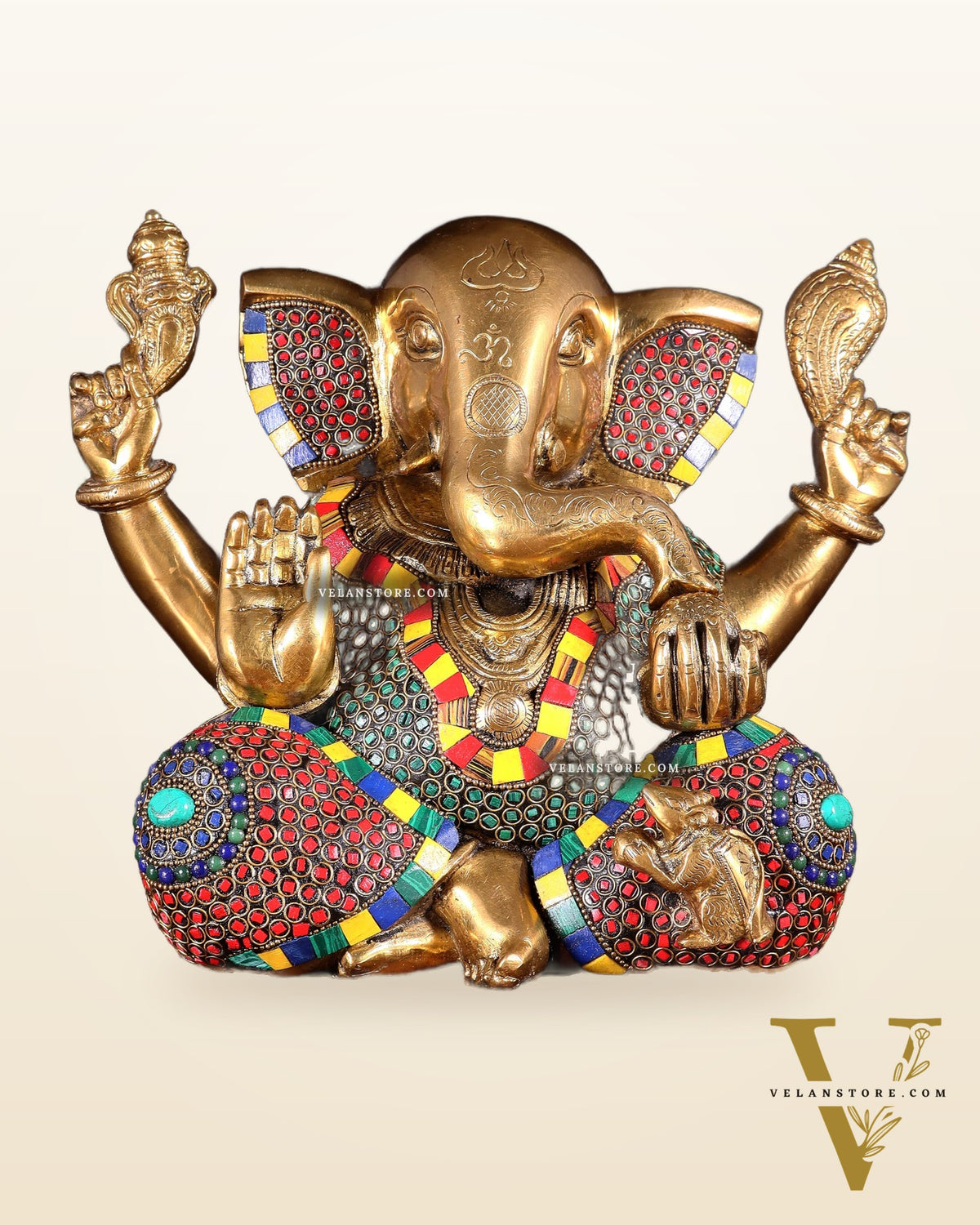 Large Brass Bald Ganesha Statue - 11 Inch