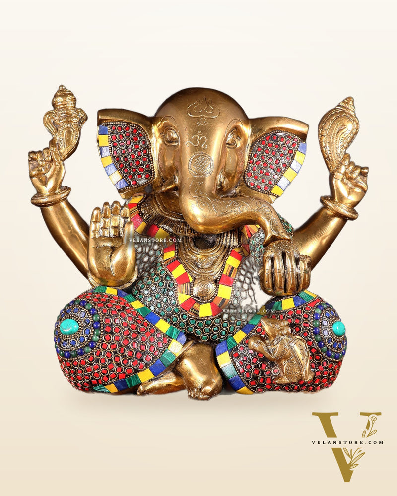 Large Brass Bald Ganesha Statue - 11 Inch