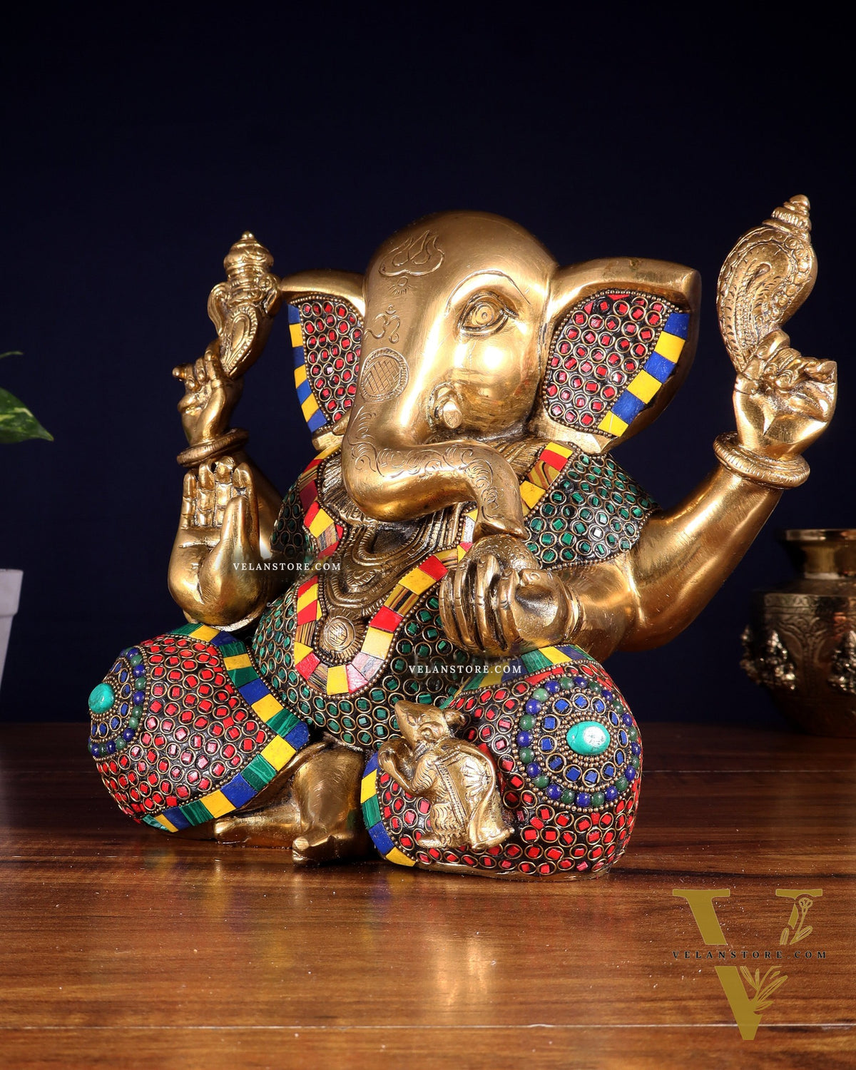 Large Brass Bald Ganesha Statue - 11 Inch