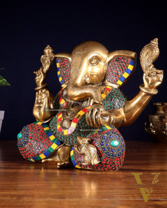 Large Brass Bald Ganesha Statue - 11 Inch