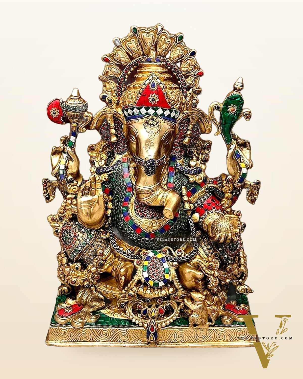 Large Brass Ganapati Statue 21": Blessing Ganesha Idol with Spectacular Stonework