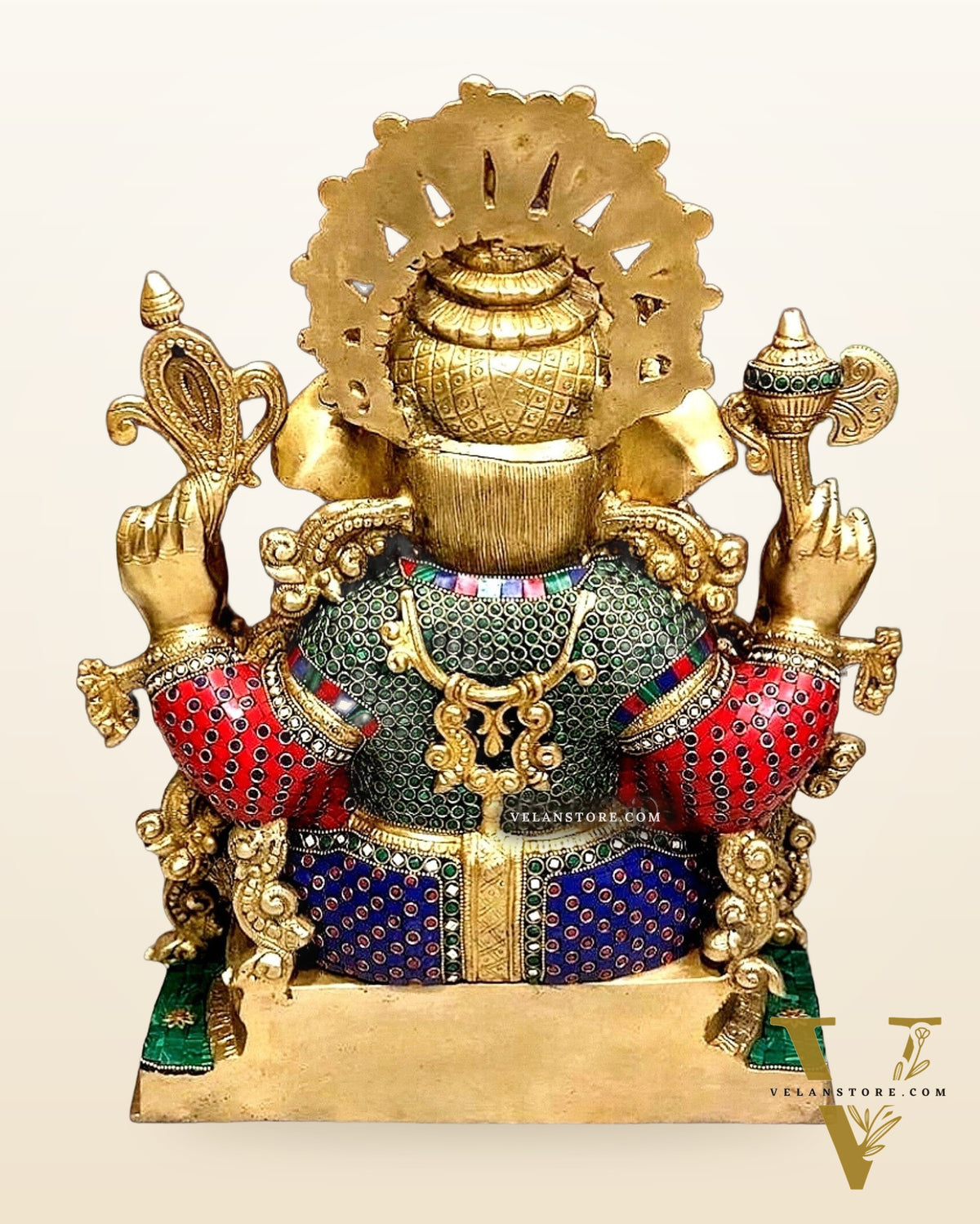 Large Brass Ganapati Statue 21": Blessing Ganesha Idol with Spectacular Stonework