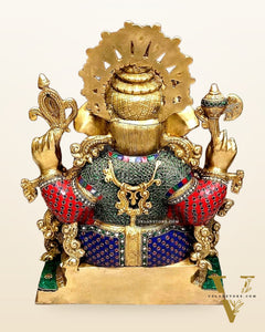 Large Brass Ganapati Statue 21": Blessing Ganesha Idol with Spectacular Stonework