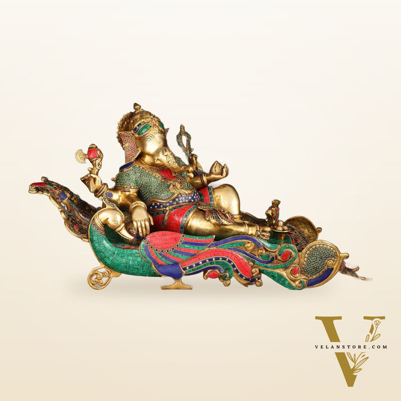 Large Brass Ganesha Resting on Peacock Bed with Stonework, 33" wide