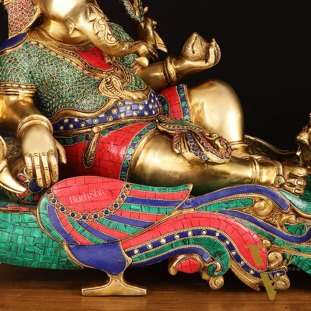 Large Brass Ganesha Resting on Peacock Bed with Stonework, 33" wide