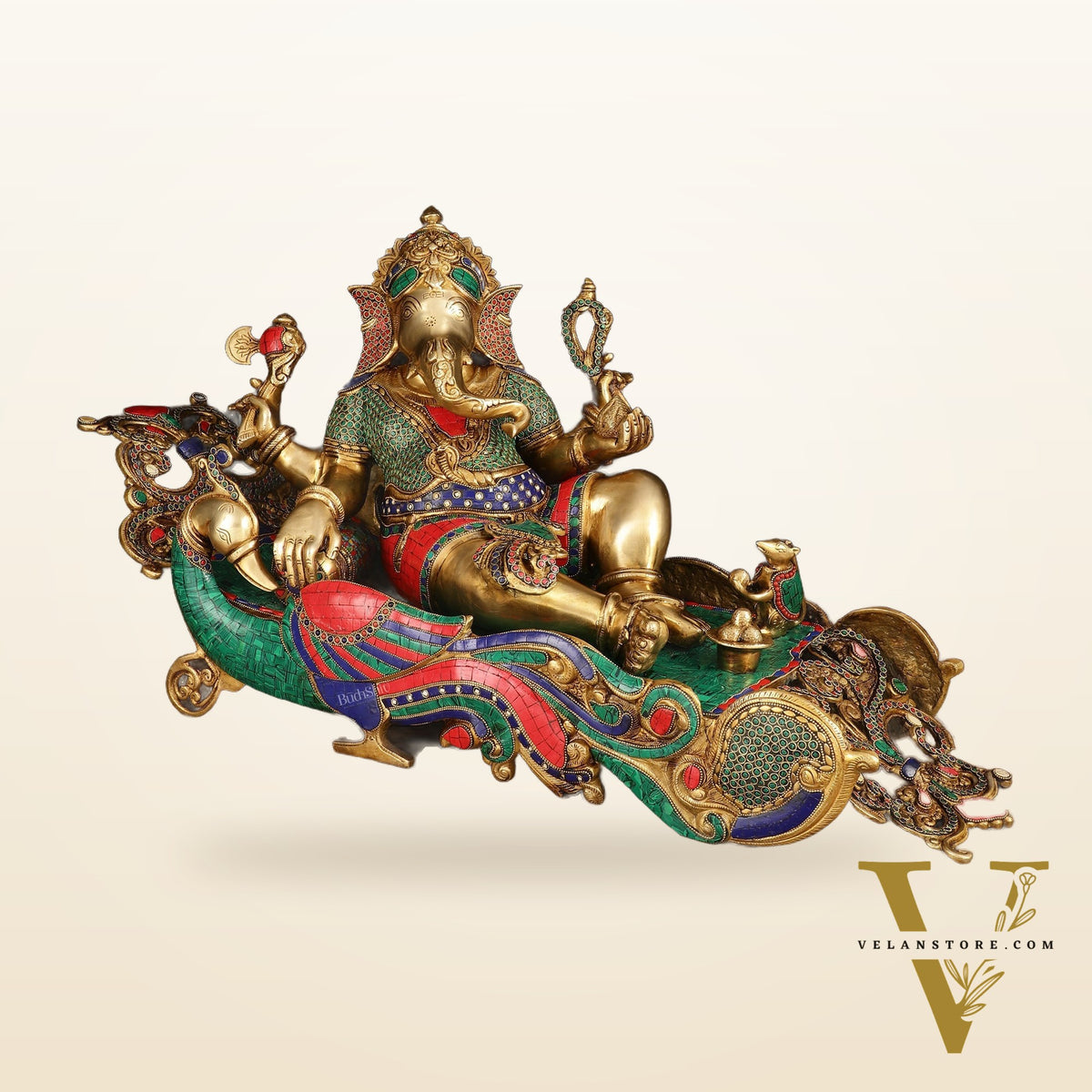 Large Brass Ganesha Resting on Peacock Bed with Stonework, 33" wide