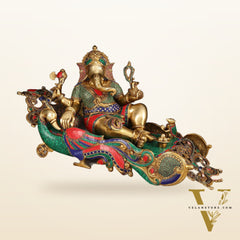 Large Brass Ganesha Resting on Peacock Bed with Stonework, 33" wide