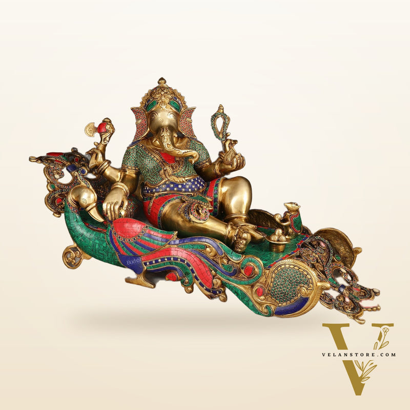 Large Brass Ganesha Resting on Peacock Bed with Stonework, 33" wide