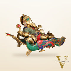 Large Brass Ganesha Resting on Peacock Bed with Stonework, 33" wide