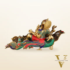 Large Brass Ganesha Resting on Peacock Bed with Stonework, 33" wide