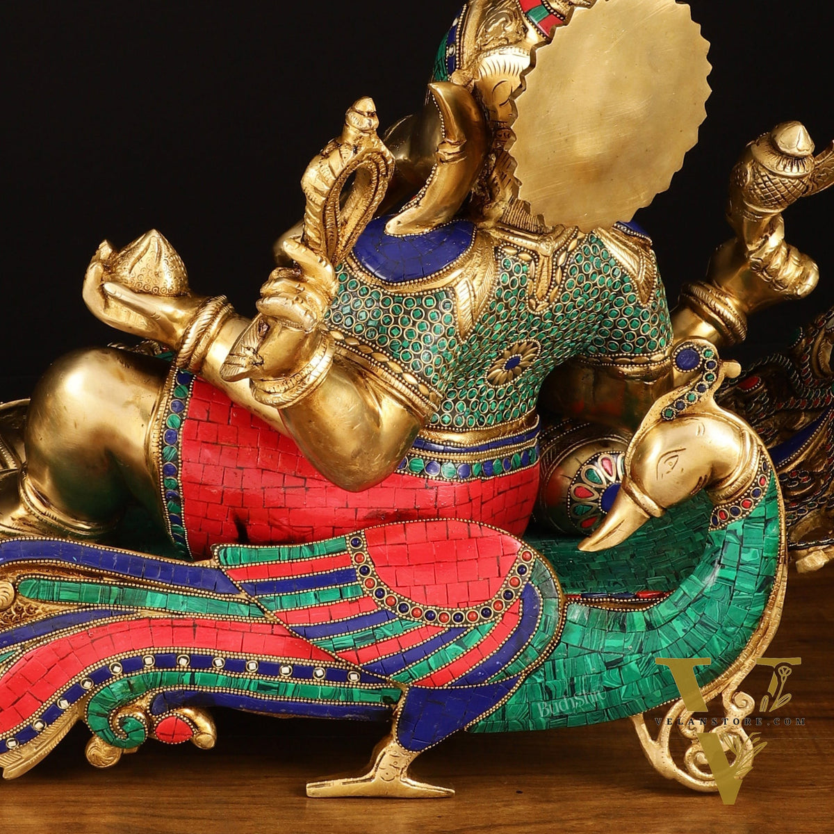 Large Brass Ganesha Resting on Peacock Bed with Stonework, 33" wide