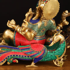 Large Brass Ganesha Resting on Peacock Bed with Stonework, 33" wide