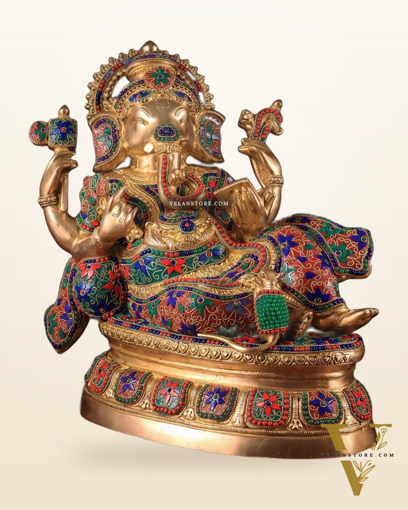 Large Brass Ganesha Resting Statue – 17"
