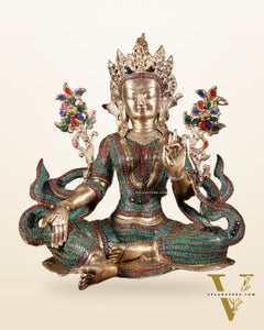 Large Brass Green Tara Statue with Nepalese Meenakari & Stonework | 18.5 Inch