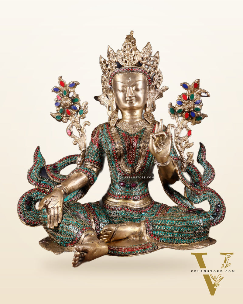 Large Brass Green Tara Statue with Nepalese Meenakari & Stonework | 18.5 Inch