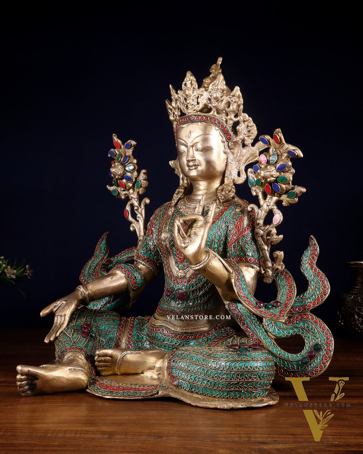 Large Brass Green Tara Statue with Nepalese Meenakari & Stonework | 18.5 Inch