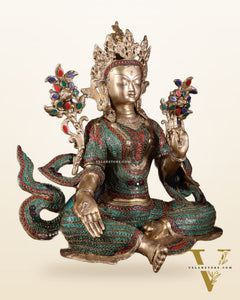 Large Brass Green Tara Statue with Nepalese Meenakari & Stonework | 18.5 Inch