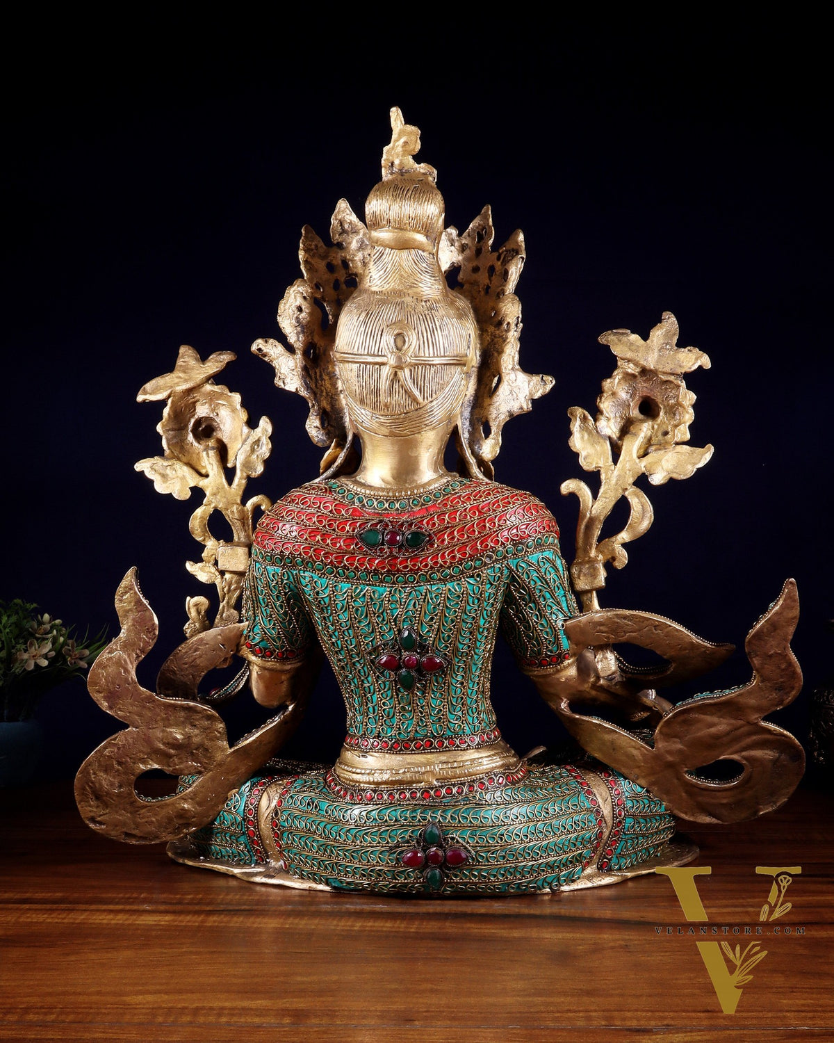 Large Brass Green Tara Statue with Nepalese Meenakari & Stonework | 18.5 Inch