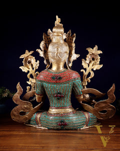 Large Brass Green Tara Statue with Nepalese Meenakari & Stonework | 18.5 Inch