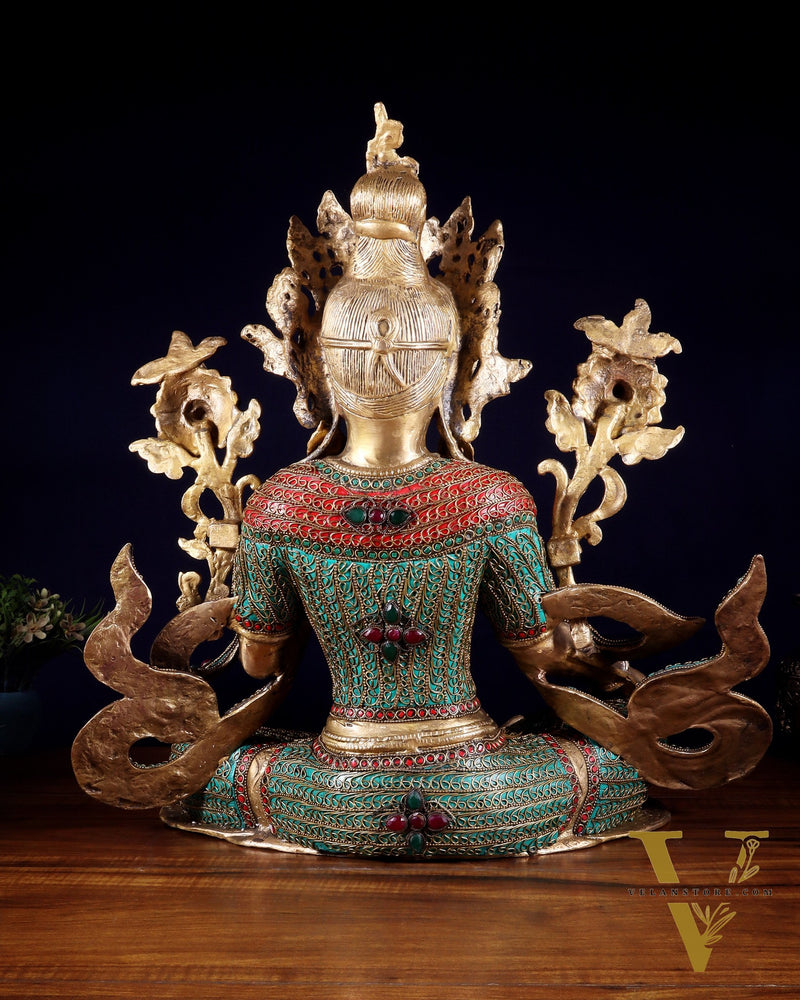 Large Brass Green Tara Statue with Nepalese Meenakari & Stonework | 18.5 Inch