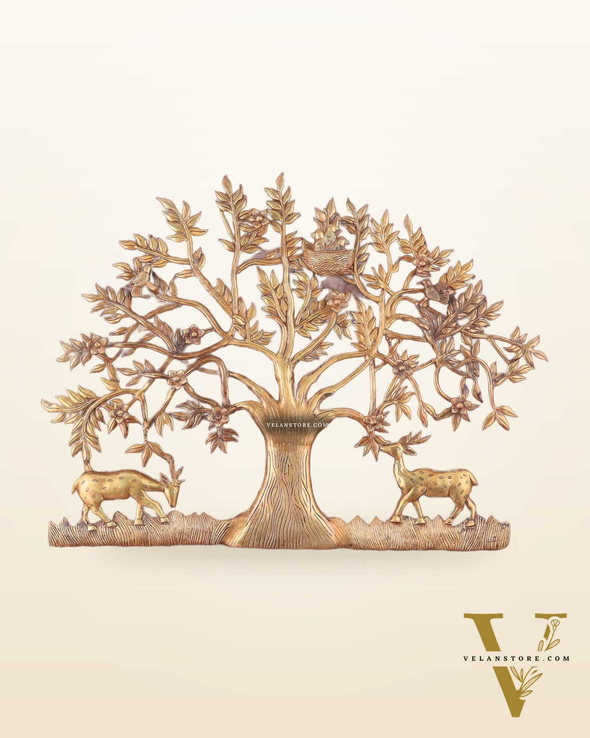 Large Brass Kalpavriksha Wall Hanging with Deers & Birds – 28"x22.5"
